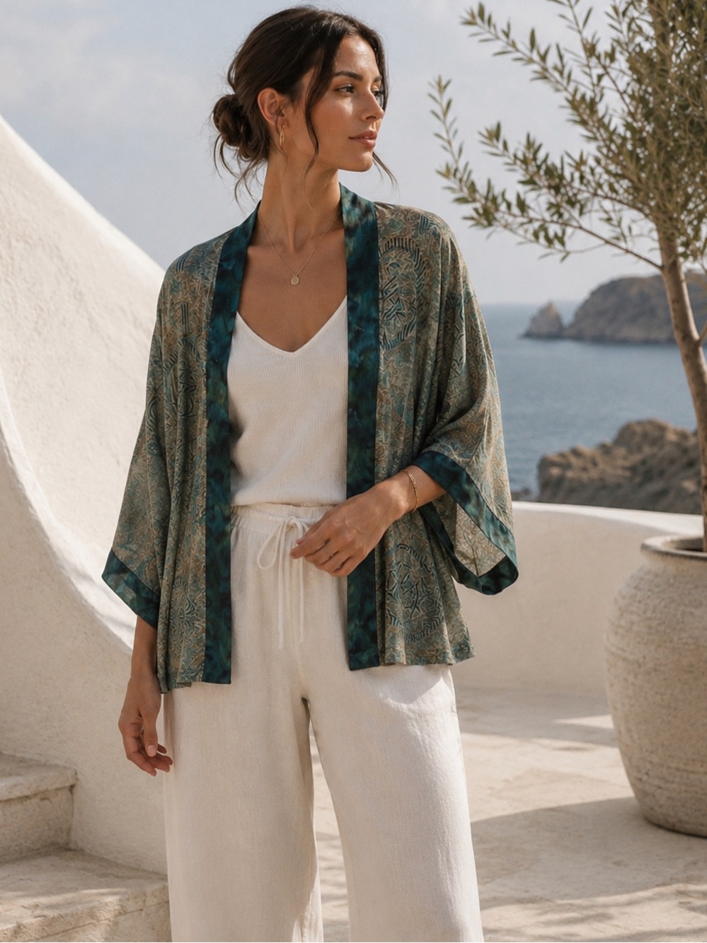 GOOD EARTH CLOTHING Open Kimono Cardigan Green Grey S/M Boho Layering Duster